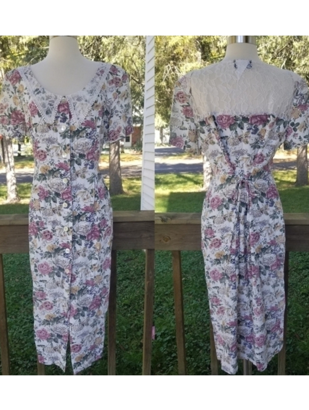 Vintage 80s Retro Floral Lace‎ Cottagecore Victorian Rose Midi Dress LG
